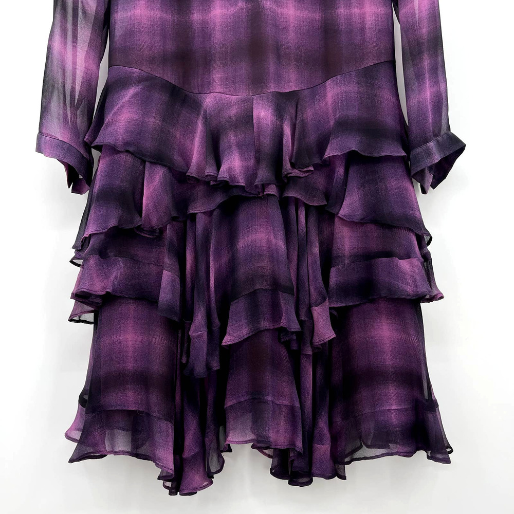 Rebecca Taylor Long Sleeve Plaid Ruffle Dress in Berry Size 2 Purple Black Sheer - Picture 7 of 16